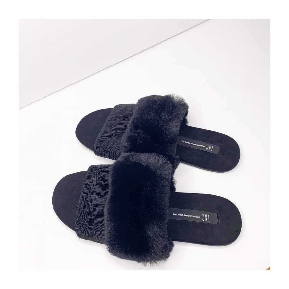 NEW INC Black Double Band Faux Fur Slides Small 5-6 Cozy Chic House Slippers - Picture 5 of 8